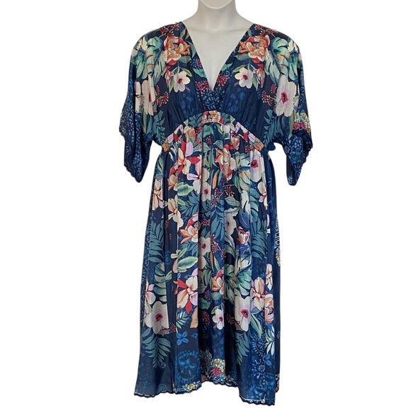 Johnny Was Annia Printed Silk V-Neck Kimono Sleeve Midi Dress Sz XL - Picture 3 of 16